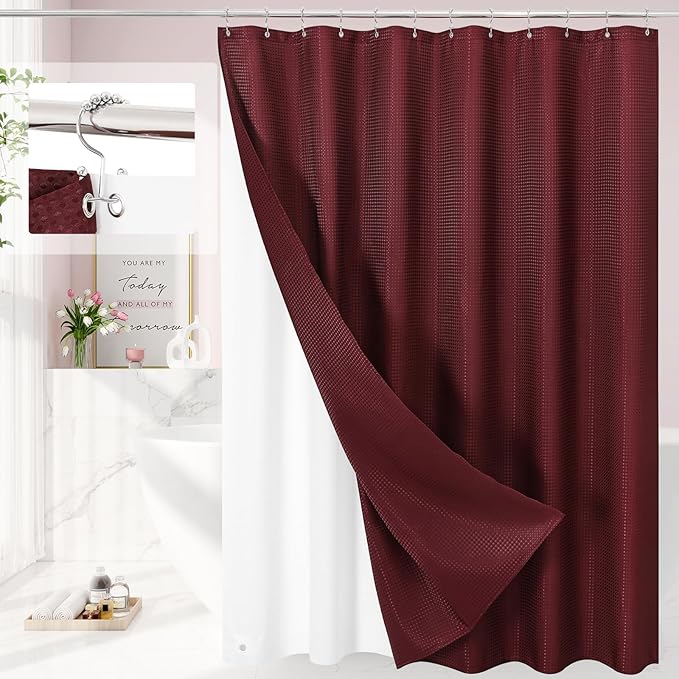 3 in 1 Long Burgundy Shower Curtain Set-72 W x 78 H, Modern Waffle and PEVA Liner Set with 12 Stainless Steel Hooks, Waterproof Fabric for Bathroom
