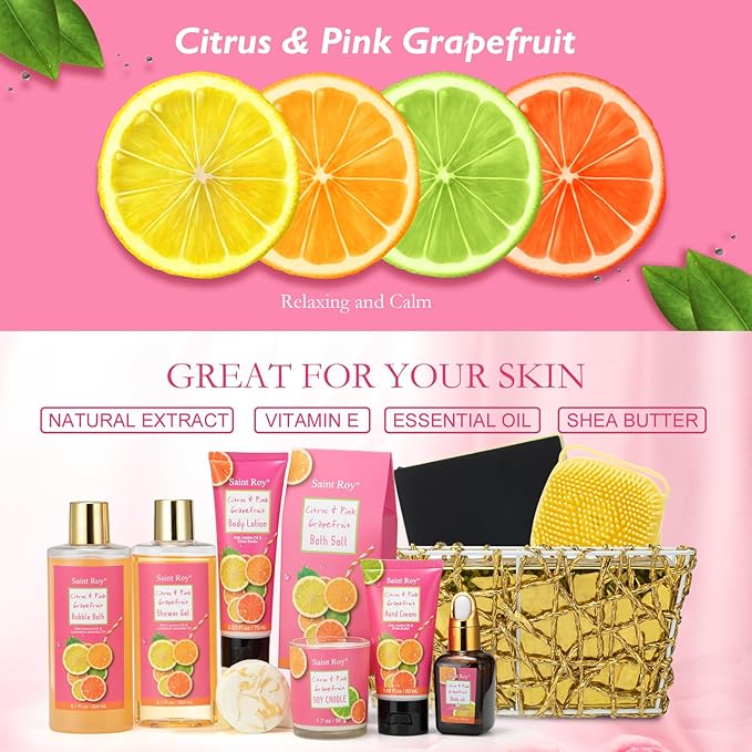 Bath Spa Body Gift Set, Luxury Christmas Gifts for Women Citrus Pink Grapefruit Spa Kit Gift Woman, 11 Pcs Self Care Kit Gifts With Bubble Bath, Massage Oil, Bath Brush, Birthday Gifts for Women