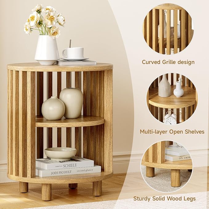 Round End Table, Wood Bedside Table, Mid Century Modern Nightstand with Open Storage Shelf, 3 Tier Small Side Tables for Living Room, Bedroom, Curved Profile Design, Natural Oak(2-Pack)