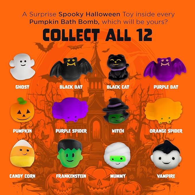 Halloween Bath Bombs for Kids with Surprise Halloween Toys Inside - Large Pumpkin Bath Bombs for Kids, Boys & Girls – Spooky Boo Basket Stuffers for Kids - Made in USA Bubble Bomb by Two Sisters