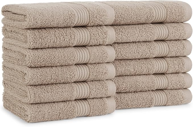 Arkwright Bath Washcloths 12 Pack - Super Soft 100% Cotton, 600 GSM Quick Dry & Absorbent, Luxury Face & Body Wash Cloth Towels for Hotels, Spa, and Vacation Rentals, Latte Beige