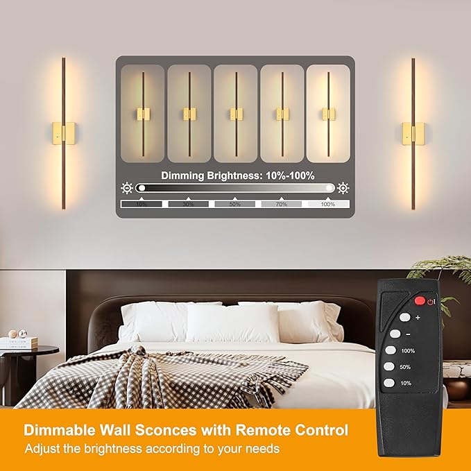 36 Inch Battery Operated Wall Sconces Set of 2, Dimmable Battery Wall Sconce with Remote Control, Walnut Gold LED Rechargeable Sconces, Modern Wireless Wall Lights for Bedroom, Living Room