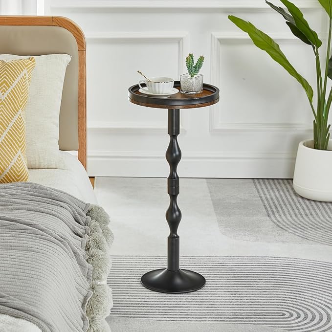 Small Round Drink Table,Pedestal Tables,Small Round Side Table for Narrow Spaces,End Table for Living Room, Bedroom, Bathroom,Balcony (Rustic Brown)