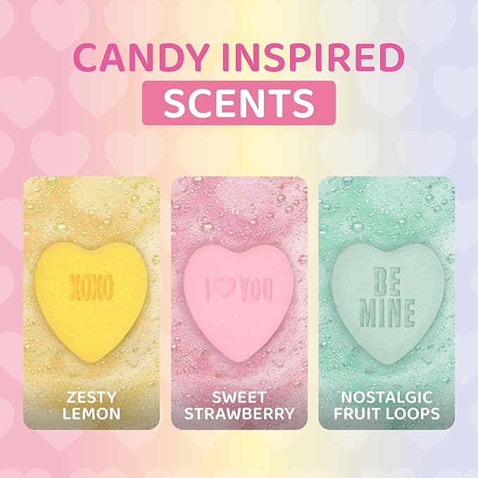 Candy Heart Bath Bombs for Women, Girls, & Teens (3 Pack) - Valentines Bath Bombs for Relaxing Bubble Bath - Moisturizing, Colorful & Scented, USA Made – Valentines Day Gifts for Her by Two Sisters