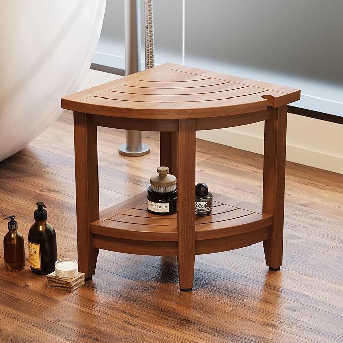 18" Teak Corner Shower Stool, Inside Shower Stool with Storage Shelf, Waterproof Teak Stool for Shaving Legs and to Sit On, 2-Tier Shower Stool,Adjustable Feet, Non-Slip, Brown
