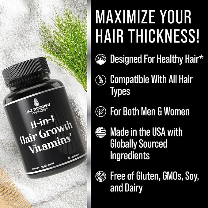 11-in-1 Vegan Hair Growth Vitamins for Thinning & Brittle Hair – Advanced Vitamin Complex with 5000mcg Biotin, Pumpkin Seed, Zinc. Supports Thicker, Healthier-Looking Scalp for Women & Men