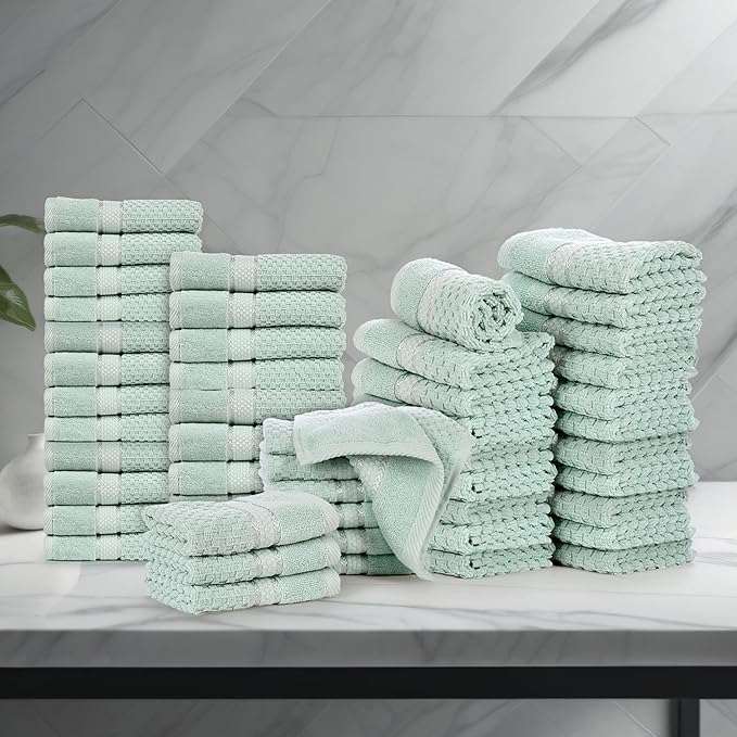 Ample Decor 100% Cotton Washcloths Set of 50 - Highly Absorbent, Popcorn Textured - Mulaayam Collection - Mint Green 12 X 12 Inch