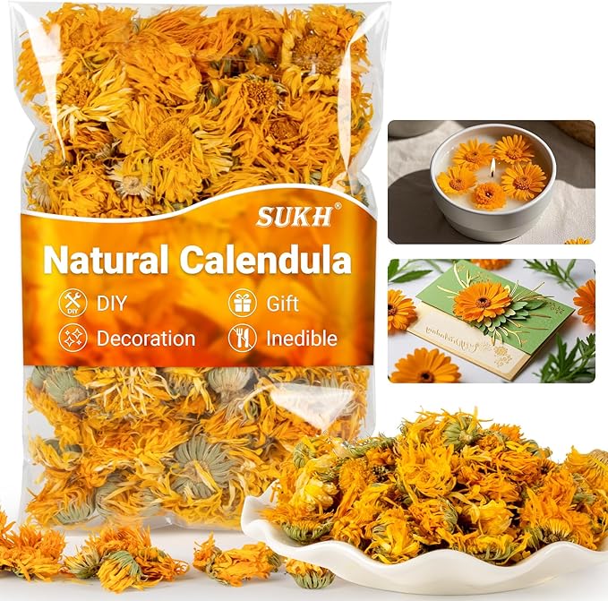 Sukh Dried Calendula - Natural Flowers and Herbs 3oz Bulk Calendula Officinalis Marigold Flowers for Soap Making,Candle,Bath Bombs,Sachets and Wedding Home Decoration