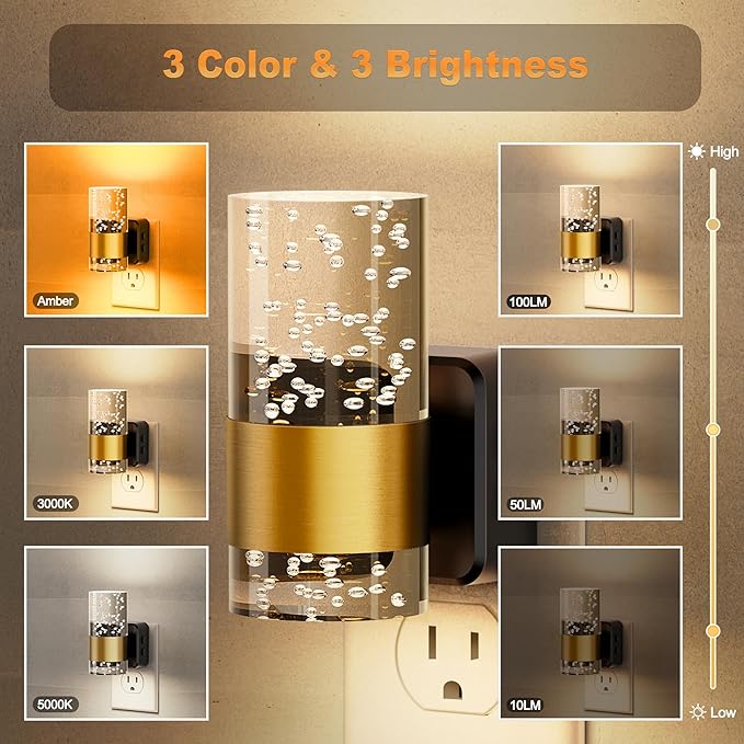 JandCase Night Lights Plug into Wall, 2 Pack 3CCT Color Changing Night Light, 10/50/100LM Adjustable Brightness Nightlight, Amber/3000K/5000K Nightlight with Dusk to Dawn Sensor for Home Decor