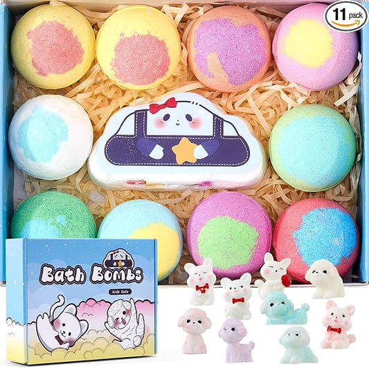 Bath Bombs for Kids with Toys Inside for Girls Boys - 11 Pack Bath Bombs Gift Set with Surprise with Surprise Toys | Kids Safe Bubble Bath Fizzy Balls Halloween Christmas Birthday Gift Kit