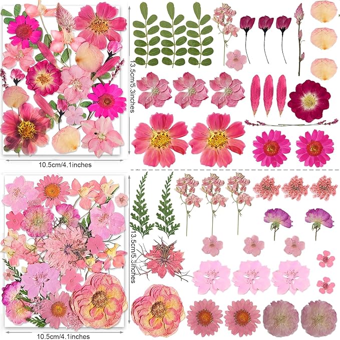 148PCS Pink Dried Pressed Flowers with Butterfly Stickers - YouthBro Real Nature Flowers Craft Set for Resin Jewelry Candle Soap Vase Making Nail Card Scrapbook Art Floral Decors