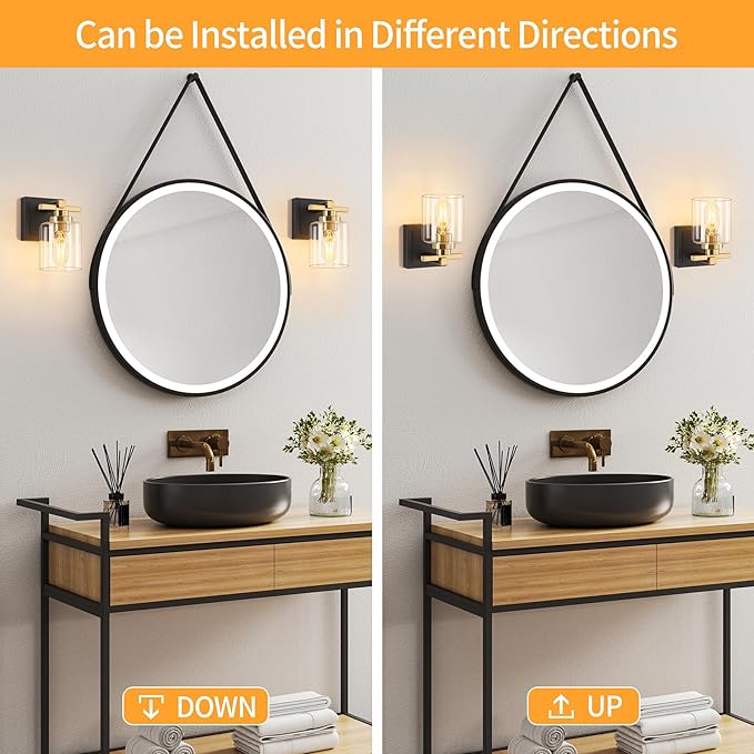 1 Light Modern Bathroom Light Fixtures Over Mirror, Black Gold Vanity Lights for Bathroom Wall Sconces with Clear Glass Shades, E26 Socket (Bulbs Not Included)