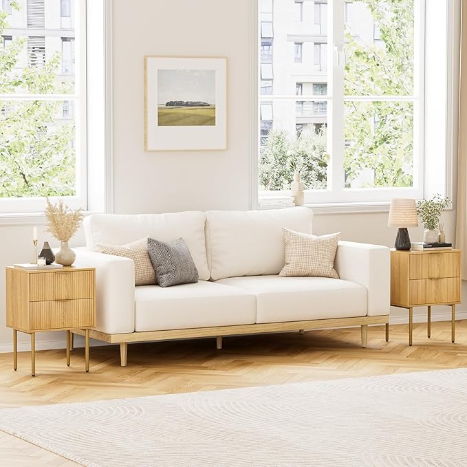 Masupu Night Stand,Mid-Century Modern Bedside Table with 2 Storage Drawer,Small Gold Frame Side End Table for Bedroom,Living Room, Natural