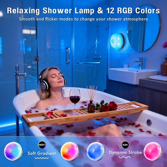 Loscarol 2-Pack Rechargeable Shower Light with Remote, 15 RGBW Color Changeable Shower Lamp Waterproof, Dimmable ＆Timer Ceiling Light, Wireless LED Mood Lighting for Bathroom, Closet, Bedroom, Party