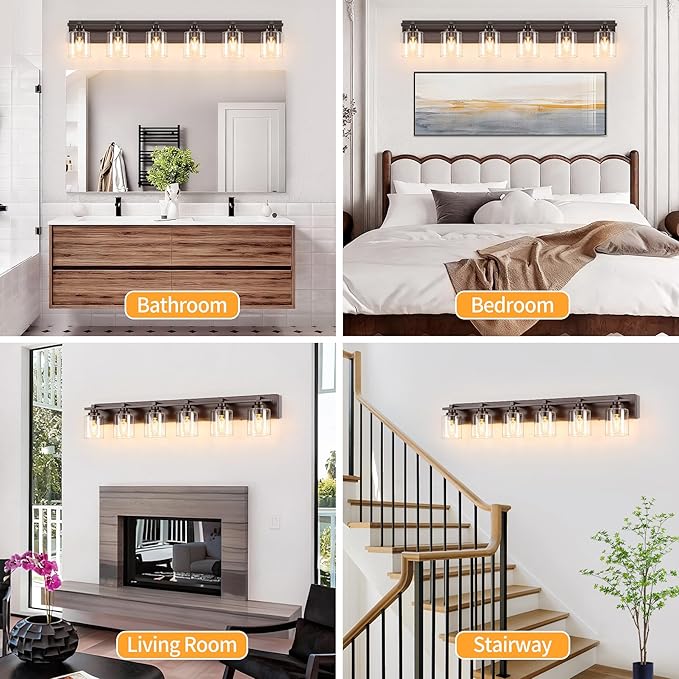 6 Light Modern Bathroom Light Fixtures Over Mirror, Bronze Finish Vanity Lights for Bathroom Wall Sconces with Clear Glass Shades, E26 Socket (Bulbs Not Included)