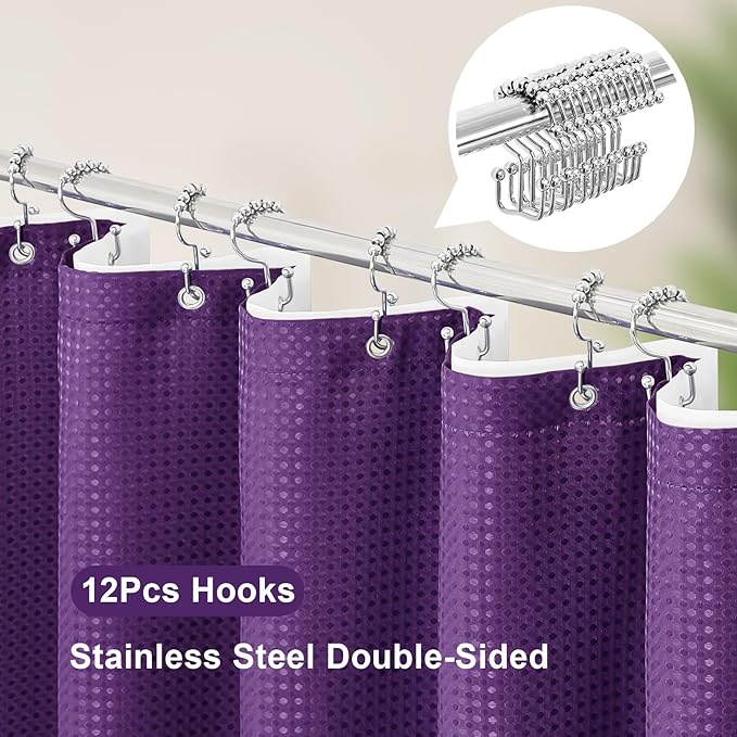 3 in 1 Extra Long Purple Shower Curtain Set-72 W x 84 H, Modern Waffle and PEVA Liner Set with 12 Stainless Steel Hooks, Waterproof Fabric for Bathroom