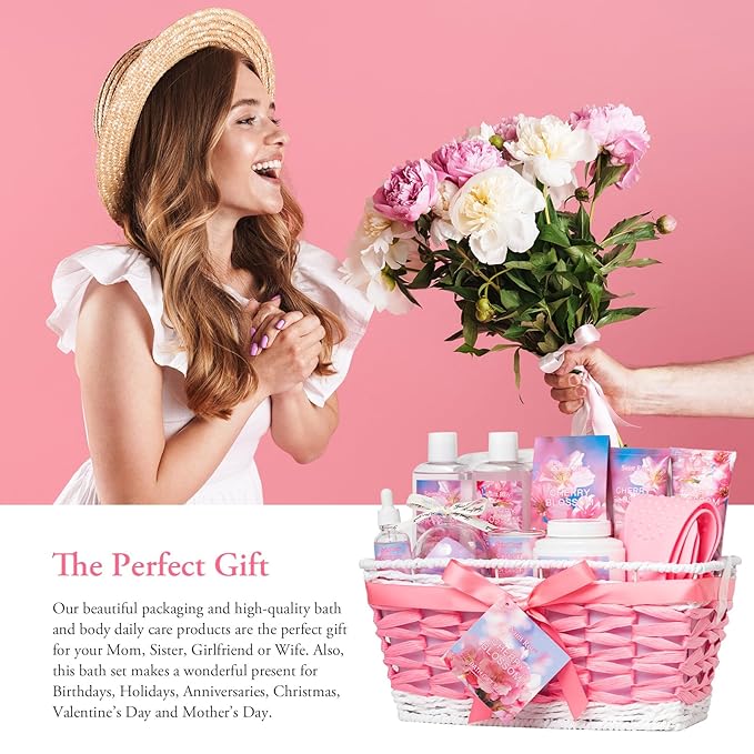 Bath & Body Gift Set, Luxury Home Spa Bath Gift Basket, Cherry Blossom spa kit for women,bath basket Christmas Gifts for Women & Teens, 12 Pcs Bath Spa Kit for women Body Kit Birthday Gift Christmas