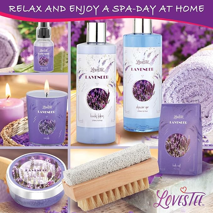 Christmas Gifts, Relaxing Lavender Spa Gift Baskets for Wome Birthday, Bath and Body Set-Kit Includes Candle, Essential Oil, Body Scrub, Bath Salt, Body Lotion, Shower Gel and Body Scrub Brush