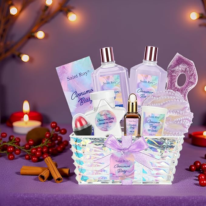 Christmas Spa Gift Set Basket for Women Cinnamon Berry, Gift Baskets, Spa Gifts Women Teen Girls Bath and Body Gift Sets,Self Care Spa Kit