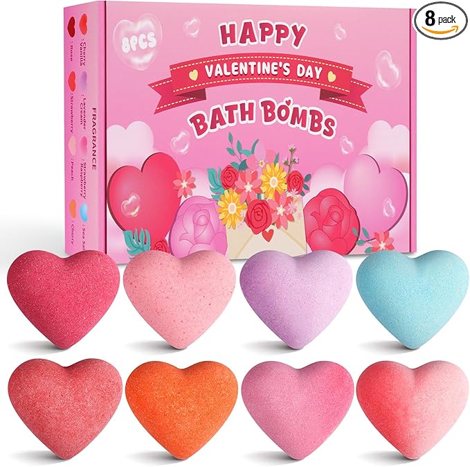 Valentine's Day Bath Bombs - 8PCS Bath Bomb for Women,8 Coloured Heart Shape,Valentine's Day Gifts for Girls Mom Family