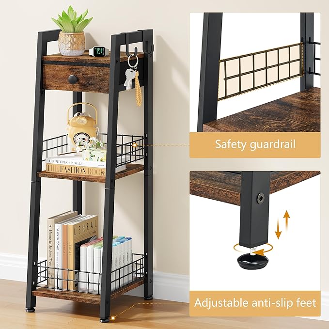 3-Tier Narrow Bathroom Ladder Shelf with Drawer, Bathroom Floor Storage Shelf, Freestanding Tower Shelf Ladder Bookshelf Brown
