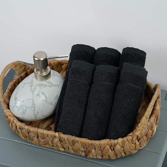 Tens Towels Pack of 24 Washcloths, 12 x 12 Inches, Lighter Weight, Quick to Dry, Super Soft & Absorbent, Gentle Face Towels, Hotel Quality, Perfect for Bathroom, Gym, Spa (Black, 24 Pack)