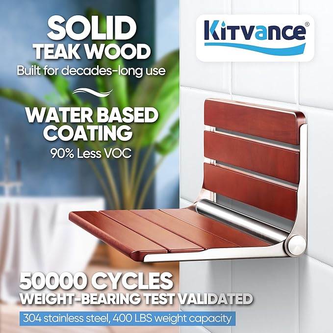 18.4" Folding Teak Shower Seat Wall Mounted – Fold Down Shower Chair, Solid Teak Wood Shower Bench with 304 Stainless Steel Frame, Wall Mount Shower Seat for Senior, Disabled, Bathroom, 400lb Capacity