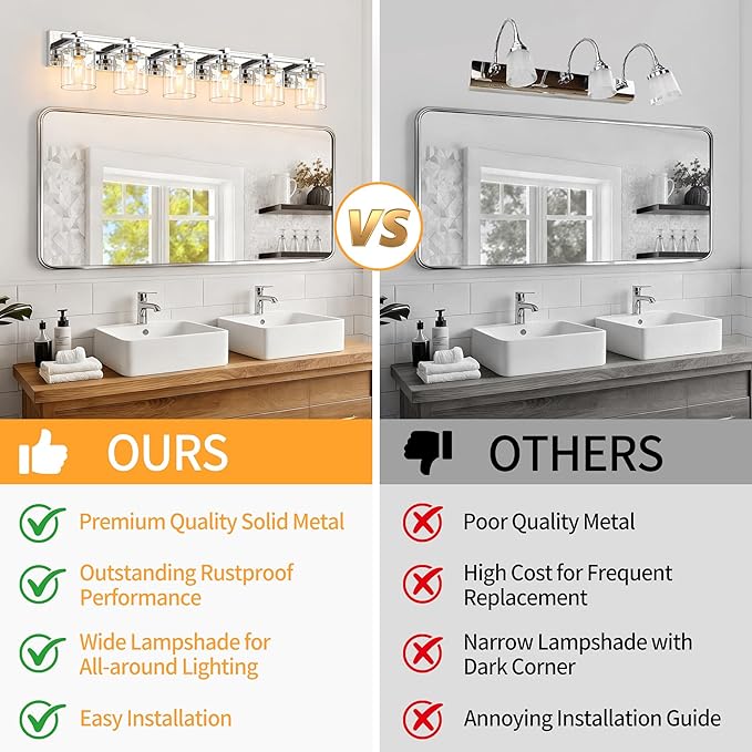 6 Light Modern Bathroom Light Fixtures Over Mirror, Chrome Vanity Lights for Bathroom Wall Sconces with Clear Glass Shades, E26 Socket (Bulbs Not Included)