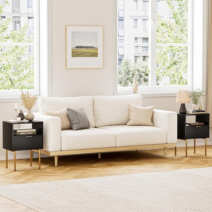 Masupu Nightstand,Mid-Century Modern Bedside Table with Storage Drawer and Open Wood Shelf,Small Gold Frame Side Table for Bedroom,Living Room,Black