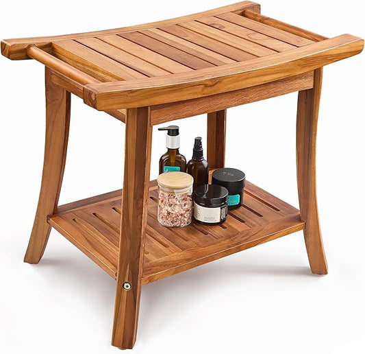 Tinamo 22" Teak L Shower Bench Seat for Inside Shower - 400Lbs Capacity - Wooden Shower Bench with Shelf - Bathroom Bench and Teak Shower Stool for Spa and Bath - Wood Bench for Relaxing Bath