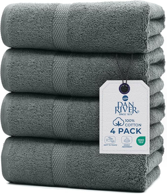 DAN RIVER Bath Towels Set of 4, 27 x 54 Inches, 100% Cotton, Larger & Lighter Weight, Quicker to Dry, Super Soft and Absorbent, Ideal Gray Bath Towels for Daily Use