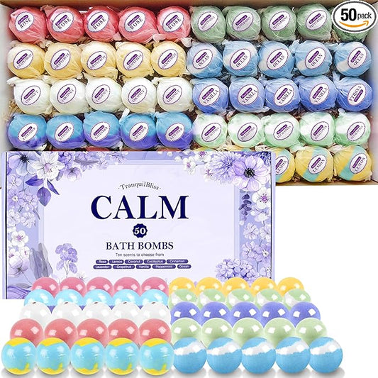 TranquilBliss Bath Bombs for Women, 50 PCS Set with 10 Rich Scents, Natural Bubble Bathbombs, Dry Skin Moisturizing, Present for Christmas, Mother’s Day, Birthday, for Mom, Wife, Her, Girls