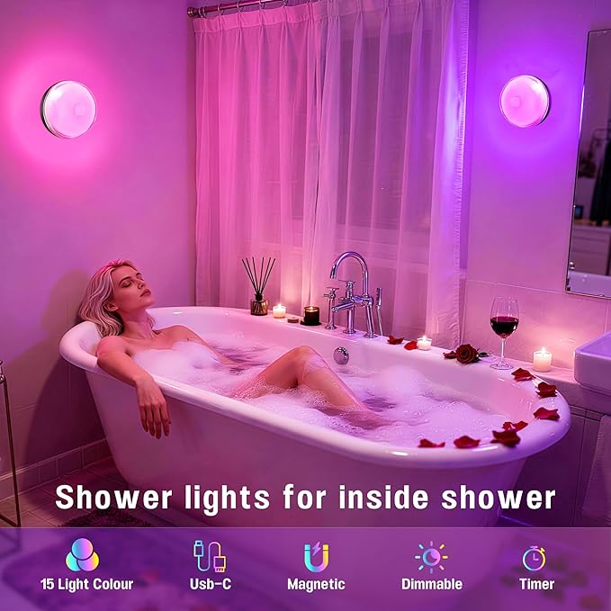 Loscarol 2-Pack Rechargeable Shower Light with Remote, 15 RGBW Color Changeable Shower Lamp Waterproof, Dimmable ＆Timer Ceiling Light, Wireless LED Mood Lighting for Bathroom, Closet, Bedroom, Party