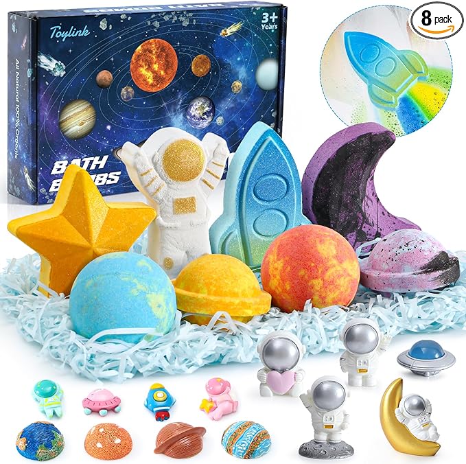 Space Bath Bombs for Kids with Surprise Inside, 8 Pack Kids Galaxy Bath Bombs with Space Toys for Toddler Boys Girls Handemade Rainbow Bubble Bath Fizzies Birthday Christmas Gift Set
