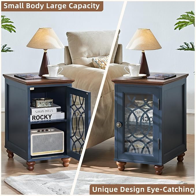 Narrow Side Table with Glass Door, 18 x 14'' Night Stand with Adjustable Shelf Storage Cabinet Organizer, Bedside End Tables Wood Nightstand for Small Spaces Living Room Bedroom