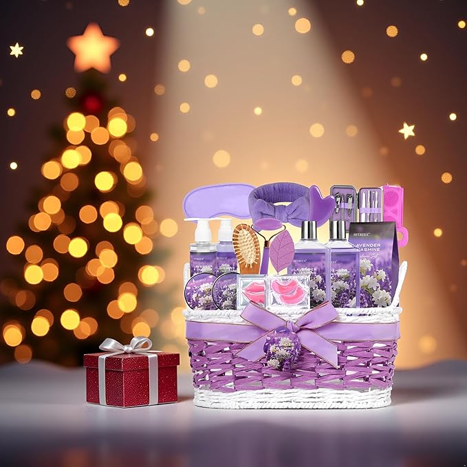 24-Piece Luxury Body Gift Set for Women, Spa Gift Basket Set, Lavender Home Spa Gifts for Women With Face Rollar tool, Bubble Bath, Facial Care, Bomb, Oil, Facial Skin Care gift set for Mother Her