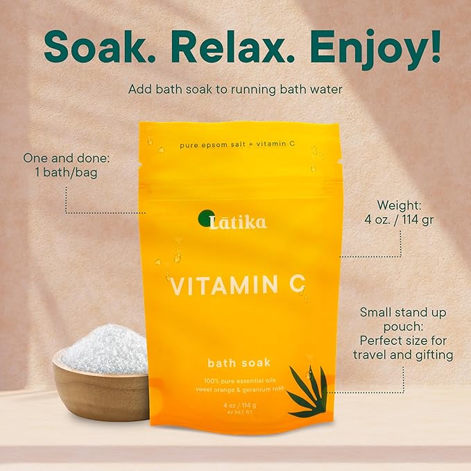 Latika Soaks Set of 3 - Vitamin C Bath Soaks with Sweet Orange and Geranium Rose - Moisturizing Epsom Salt Soaks for Stress Relief, Detox, and Antioxidant Skincare - at Home Spa Retreat
