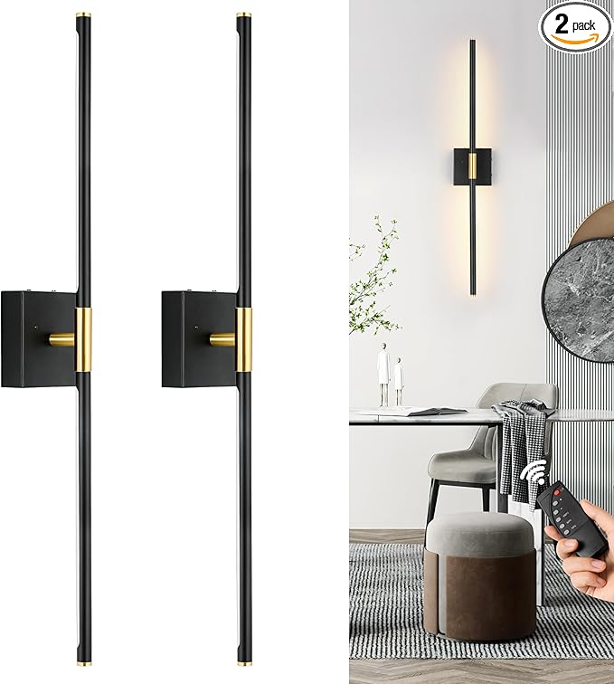 Battery Operated Wall Sconces Set of 2, Dimmable Battery Wall Sconce with Remote Control, Black Gold LED Rechargeable Sconces, 24 Inch Modern Wireless Wall Lights for Bedroom, Living Room