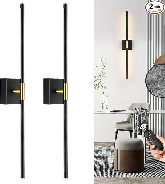 40 Inch Battery Operated Wall Sconce Set of Two, Dimmable Wall Sconces with Remote Control, Black Gold Rechargeable Sconces, Modern Wireless Wall Lights for Bathroom, Bedroom,Living Room