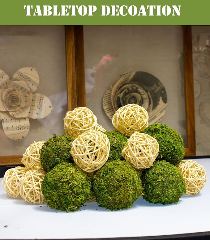 22 Pack Moss Balls 8pcs 3.2"/ 2.3" and Wicker Rattan Balls 6pcs 2.2" for Bowls Decorative Balls Filler for Centerpiece Home Tabel Decor