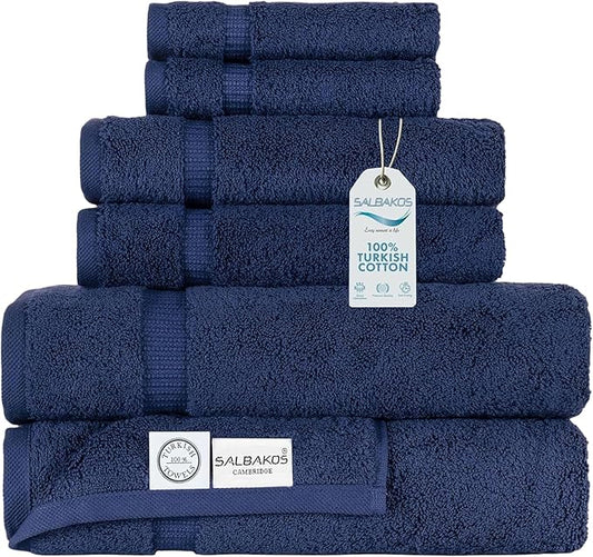 SALBAKOS - Luxury 6 Piece Towel Set, 100% Turkish Cotton, Quick Drying, Highly Absorbent & Comfy, Includes 2 Bath Towels, 2 Hand Towels & 2 Washcloths | (Navy)