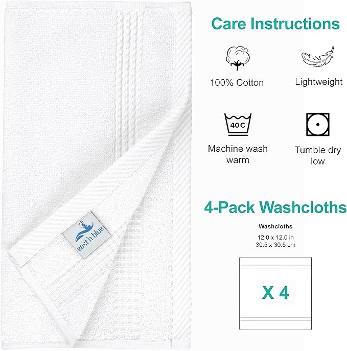 EastNBlue Lara 100% Turkish Cotton Washcloths 4 Pack, Extra Soft & Absorbent Wash Cloths for Face & Body (12" x 12"), Terry Cloth, Small Hand Towels for Bathroom, White
