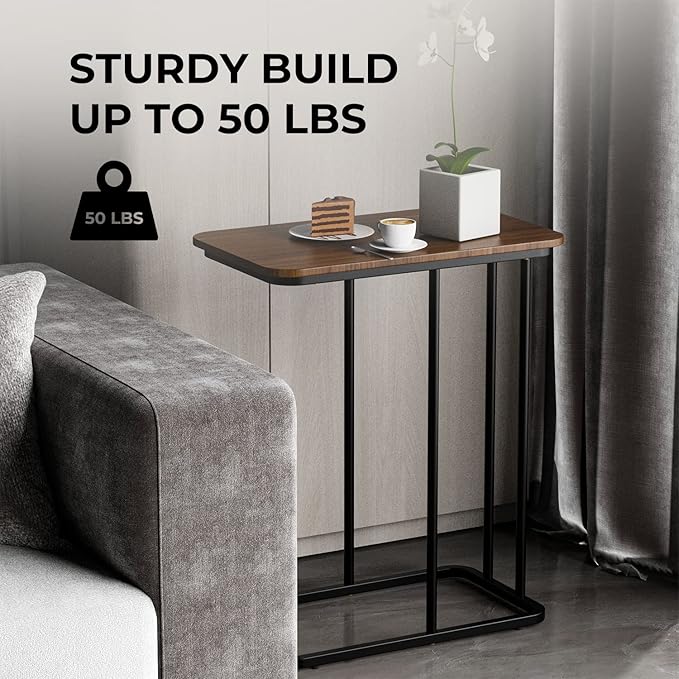 C Shaped Side Table, Small End Table MDF Black Walnut Coffee Table, Modern Simplicity C End Table with Steel Frame for Living Room, Bedroom (Black Walnut)