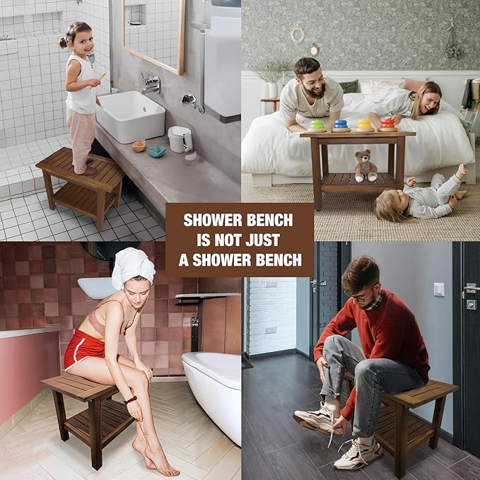 24 inch Acacia Wood Shower Bench with Storage Shelf - Waterproof Sturdy Shower Stool - Shower Seats for Adults and Elderly - Bathroom Bench 350 lb Capacity