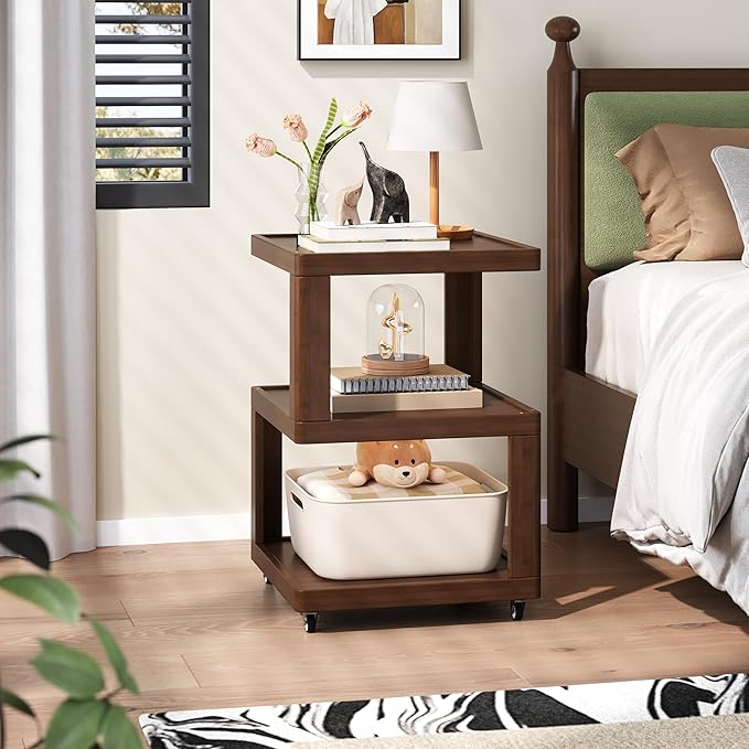 ZIYOO 3-Tier Solid Wood Mobile Side Table with Wheels, Wooden Night Stand, Unique Floating Design Storage Organizer for Bedroom, Living Room, Small Spaces, Walnut