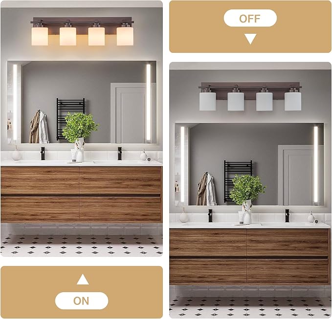 4 Light Modern Bathroom Light Fixtures Over Mirror, Bronze Finish Vanity Lights for Bathroom Wall Sconces with Milky White Glass Shades, E26 Socket (Bulbs Not Included)