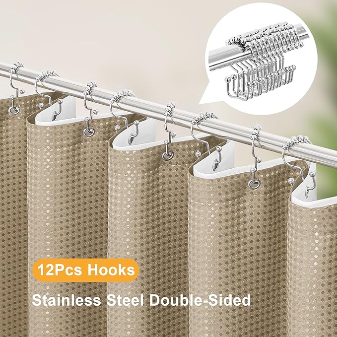 3 in 1 Long Beige Shower Curtain Set-72 W x 78 H, Tan Waffle and PEVA Liner Set with 12 Stainless Steel Hooks, Waterproof Fabric for Bathroom