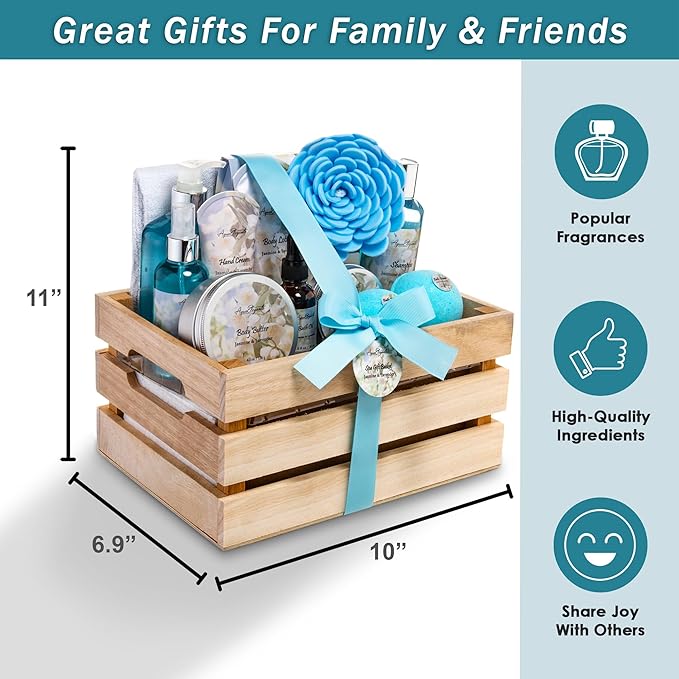 Bath Spa Gift Sets - Luxury Basket With Jasmine & Lavender - Kit With Body Wash, Bubble Baths, Lotion, Skin Butter, Soap, Towel in Premium Wooden Crate