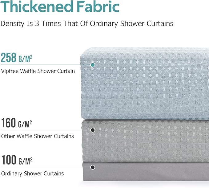 3 in 1 Shower Curtain Set, Waffle Shower Curtain and Liner Set with 12 Double Sided Shower Curtain Hooks, 258GSM Luxury Weighted Cloth Shower Curtains for Bathroom, 72 W x 72 H, Fog Blue