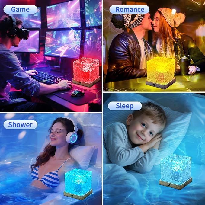 LETOUR Bathroom Mood Light,Rechargeable Shower Light 16 Color Changeable Ocean Wave Projector Lamp, Dimmable Waterproof Shower Lamp with Remote, Rotating Cube Water Ripple Lamp for Bath